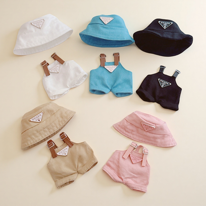Designer-Style Bucket Hat & Overalls Set - Minimalist Luxury Coord for 10-15cm Dolls
