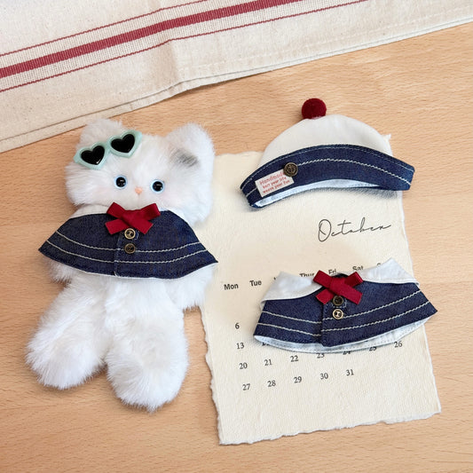 Nautical Cape & Hat Set for 10-15cm Dolls - Navy Striped Cloak with Sailor Hat